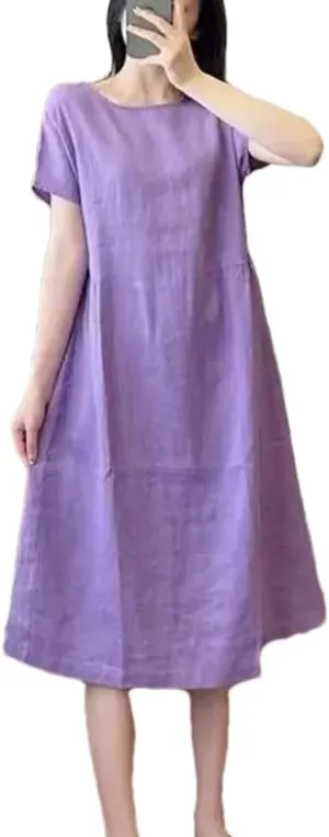 Women Basic Casual Loose Midi Dress Solid Color A-Line Summer O-Neck Pockets Korean Short Sleeve Dresses
