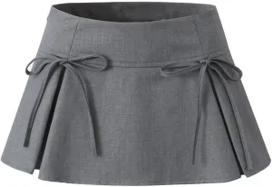 Women Casual Bow Stripes Pleated Skirt Office Slim Mini A- Line Skirts