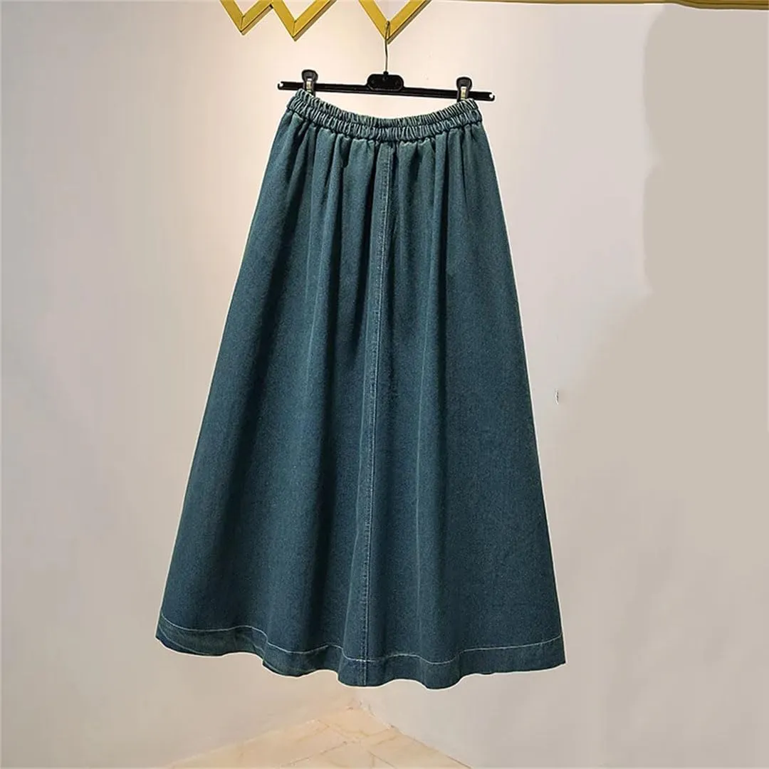 Women Casual Embroidered Floral Denim Skirt Loose Elastic Waist Slim A-Line Skirts