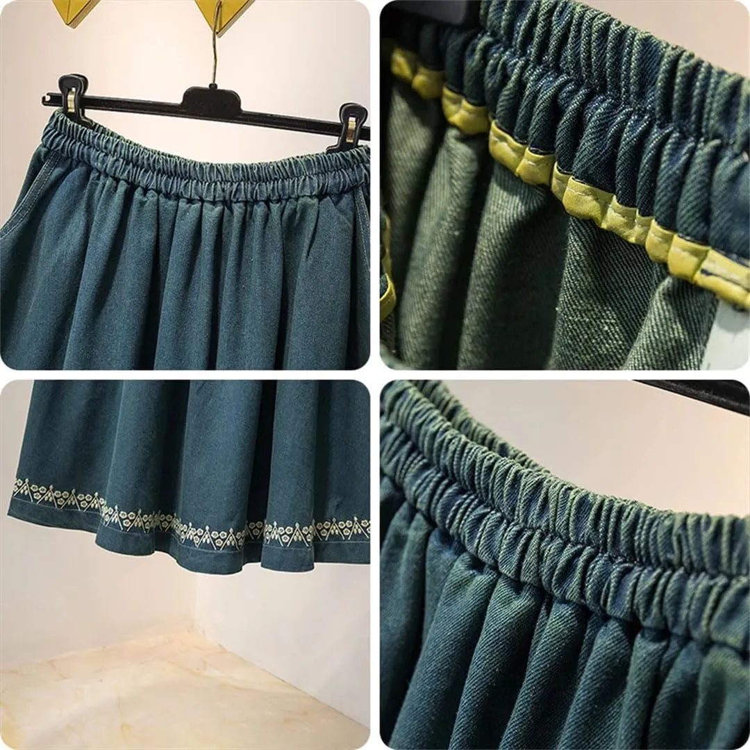 Women Casual Embroidered Floral Denim Skirt Loose Elastic Waist Slim A-Line Skirts
