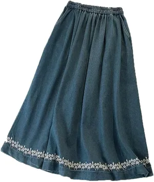 Women Casual Embroidered Floral Denim Skirt Loose Elastic Waist Slim A-Line Skirts