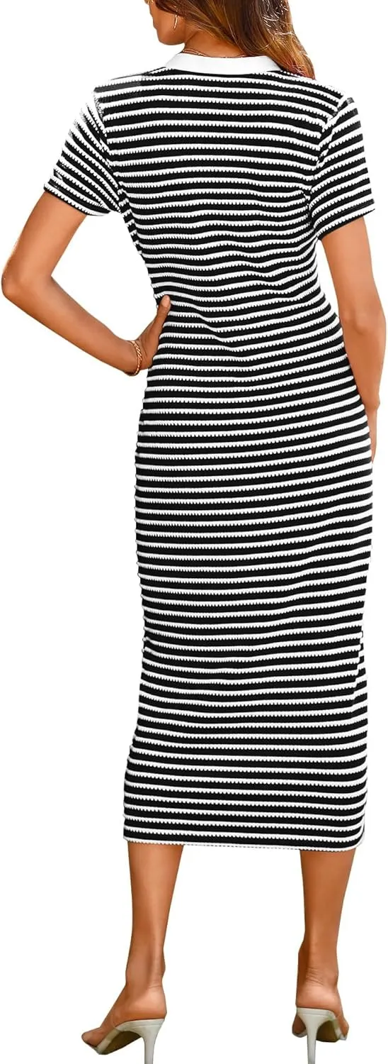 Women Casual Summer Dresses Striped Ribbed Knit Midi Dresses V Neck Short Sleeve Dresses Button Down Sundresses