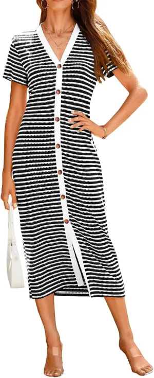 Women Casual Summer Dresses Striped Ribbed Knit Midi Dresses V Neck Short Sleeve Dresses Button Down Sundresses