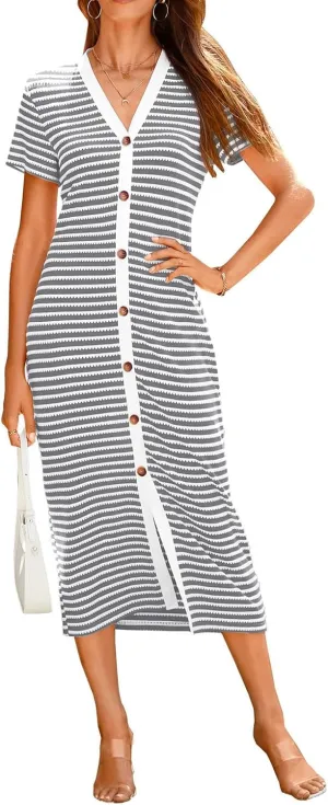 Women Casual Summer Dresses Striped Ribbed Knit Midi Dresses V Neck Short Sleeve Dresses Button Down Sundresses