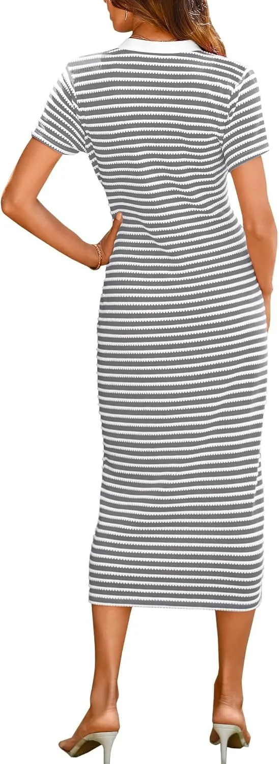 Women Casual Summer Dresses Striped Ribbed Knit Midi Dresses V Neck Short Sleeve Dresses Button Down Sundresses