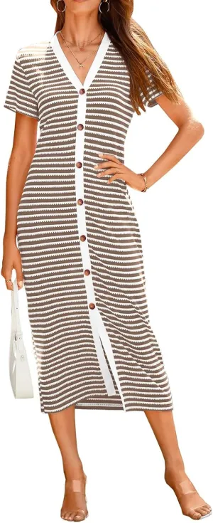 Women Casual Summer Dresses Striped Ribbed Knit Midi Dresses V Neck Short Sleeve Dresses Button Down Sundresses