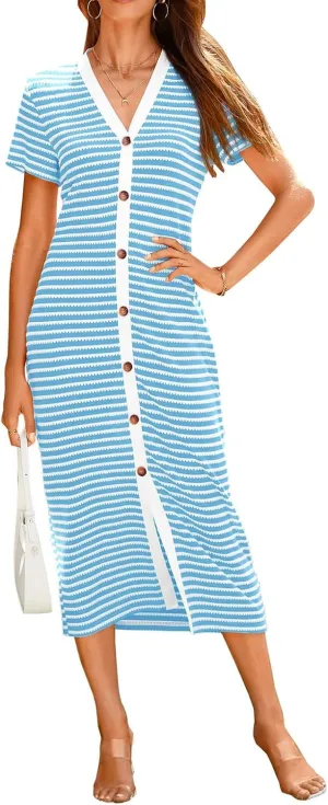 Women Casual Summer Dresses Striped Ribbed Knit Midi Dresses V Neck Short Sleeve Dresses Button Down Sundresses