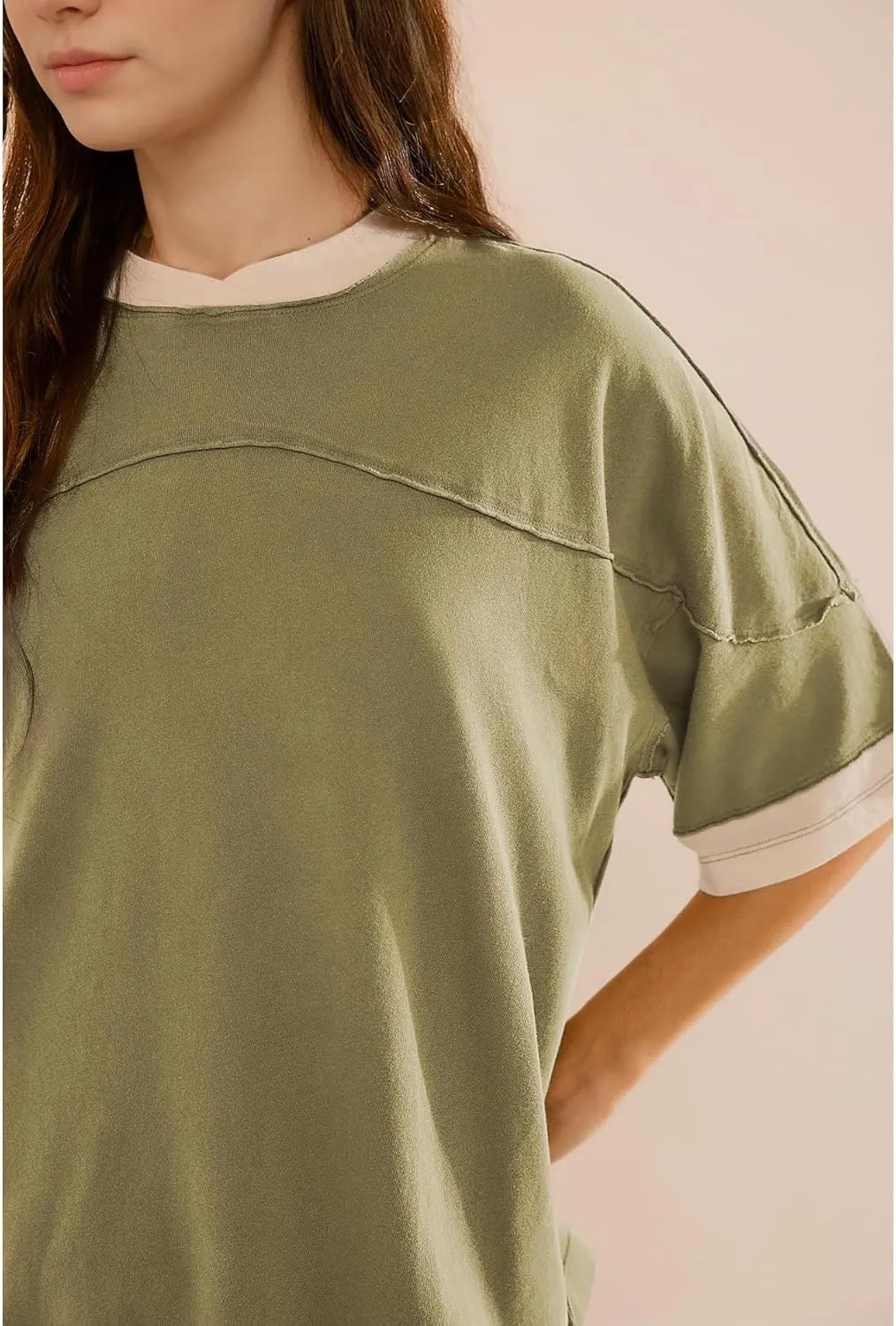 Women Color Block Oversized Shirt Casual Crewneck Drop Shoulder Tops Y2k Half Sleeve Side Split Summer Tees