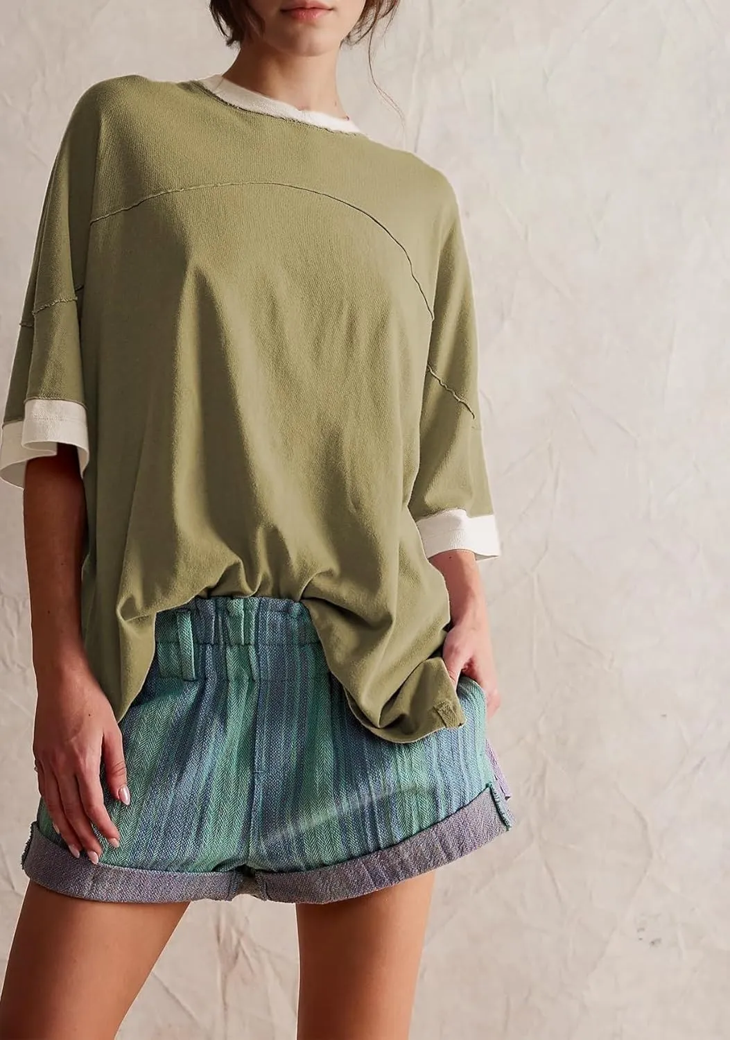 Women Color Block Oversized Shirt Casual Crewneck Drop Shoulder Tops Y2k Half Sleeve Side Split Summer Tees