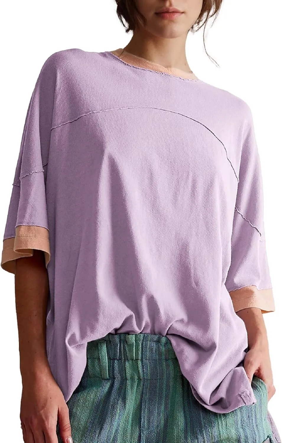 Women Color Block Oversized Shirt Casual Crewneck Drop Shoulder Tops Y2k Half Sleeve Side Split Summer Tees