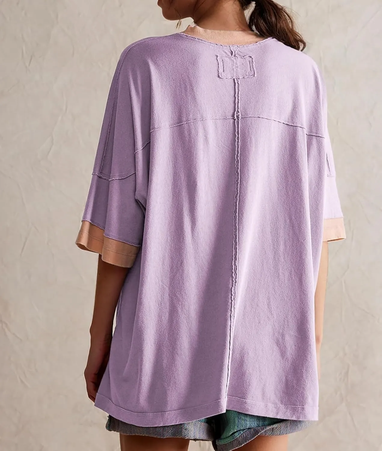 Women Color Block Oversized Shirt Casual Crewneck Drop Shoulder Tops Y2k Half Sleeve Side Split Summer Tees