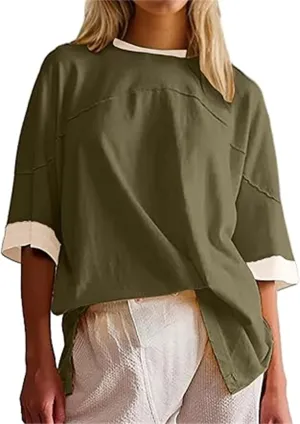 Women Color Block Oversized Shirt Casual Crewneck Drop Shoulder Tops Y2k Half Sleeve Side Split Summer Tees