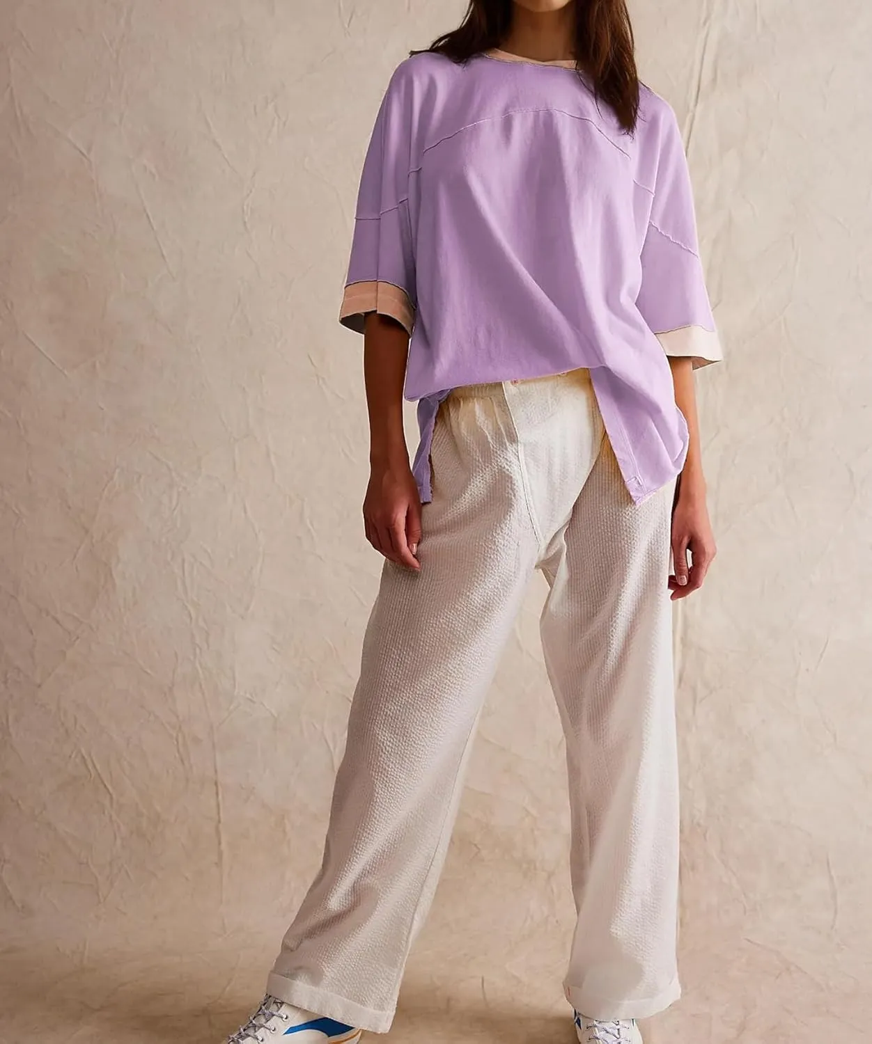 Women Color Block Oversized Shirt Casual Crewneck Drop Shoulder Tops Y2k Half Sleeve Side Split Summer Tees