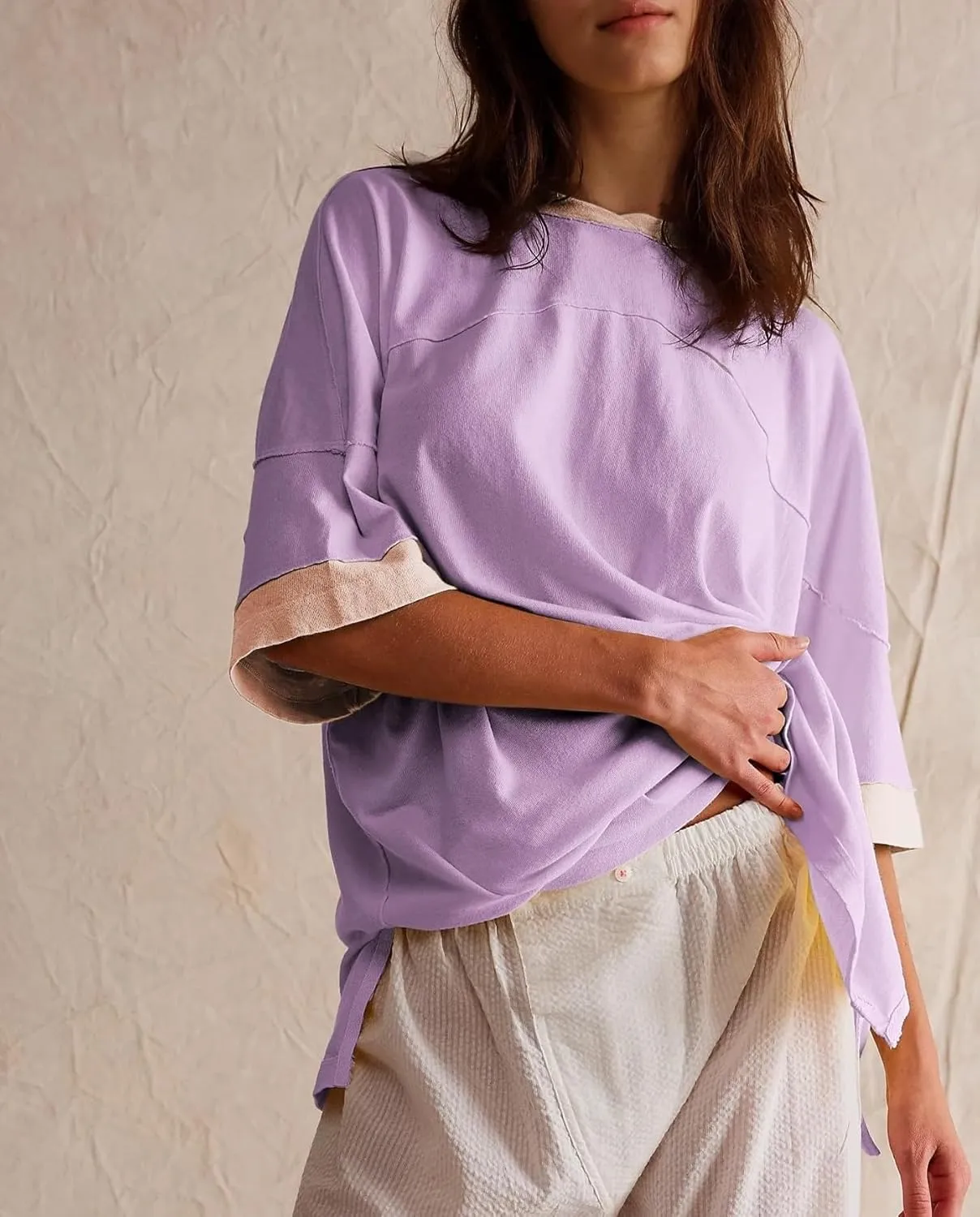 Women Color Block Oversized Shirt Casual Crewneck Drop Shoulder Tops Y2k Half Sleeve Side Split Summer Tees