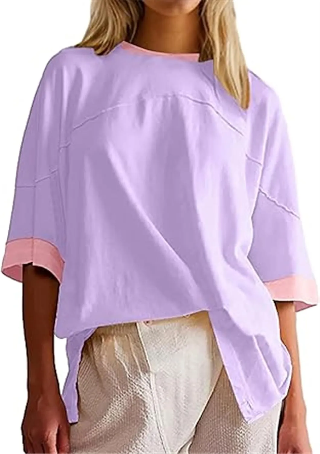 Women Color Block Oversized Shirt Casual Crewneck Drop Shoulder Tops Y2k Half Sleeve Side Split Summer Tees