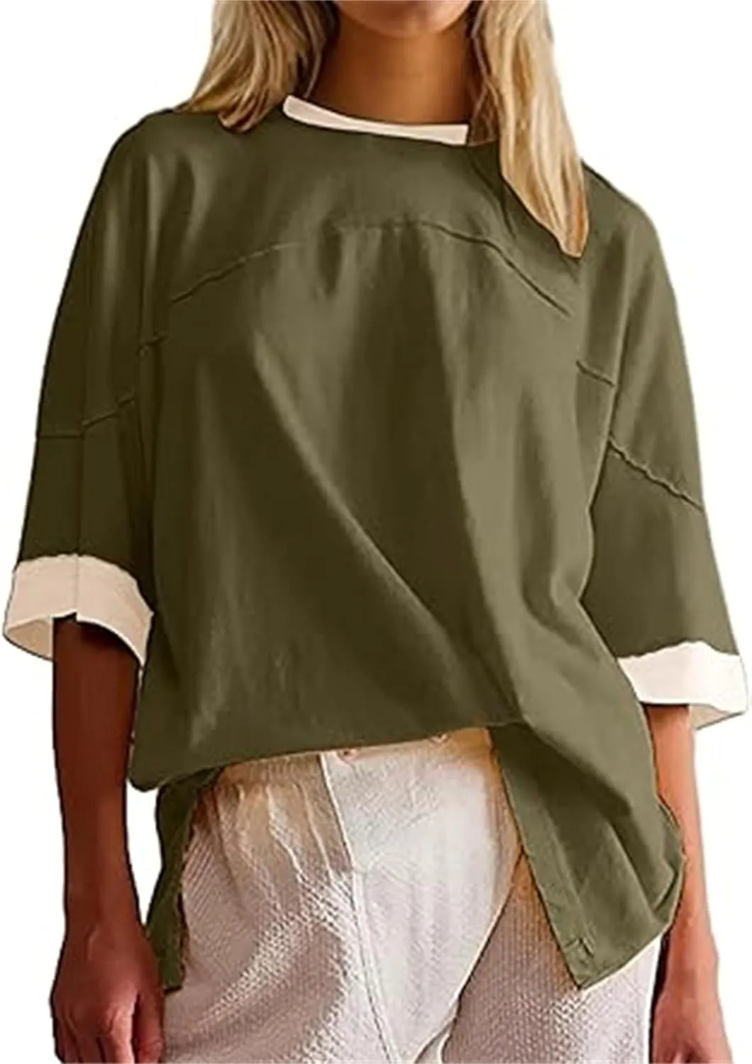 Women Color Block Oversized Shirt Casual Crewneck Drop Shoulder Tops Y2k Half Sleeve Side Split Summer Tees