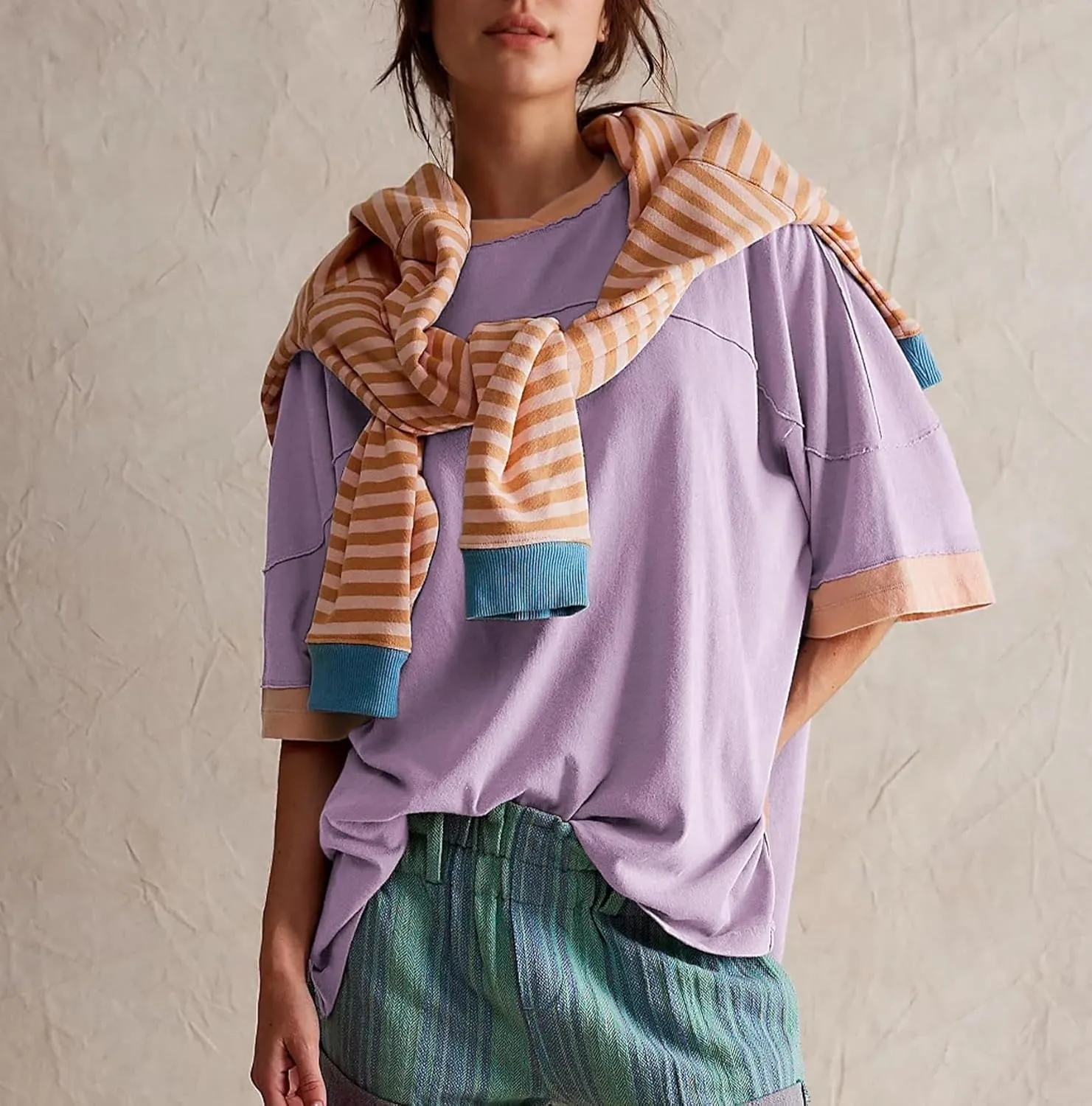 Women Color Block Oversized Shirt Casual Crewneck Drop Shoulder Tops Y2k Half Sleeve Side Split Summer Tees