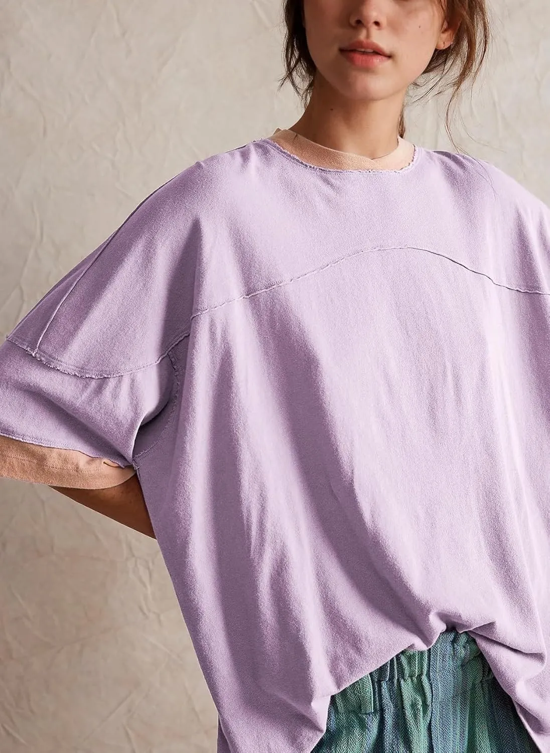 Women Color Block Oversized Shirt Casual Crewneck Drop Shoulder Tops Y2k Half Sleeve Side Split Summer Tees