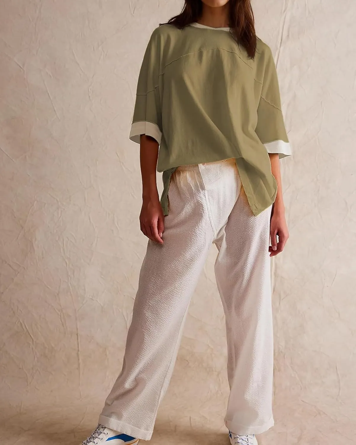 Women Color Block Oversized Shirt Casual Crewneck Drop Shoulder Tops Y2k Half Sleeve Side Split Summer Tees