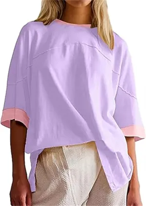 Women Color Block Oversized Shirt Casual Crewneck Drop Shoulder Tops Y2k Half Sleeve Side Split Summer Tees