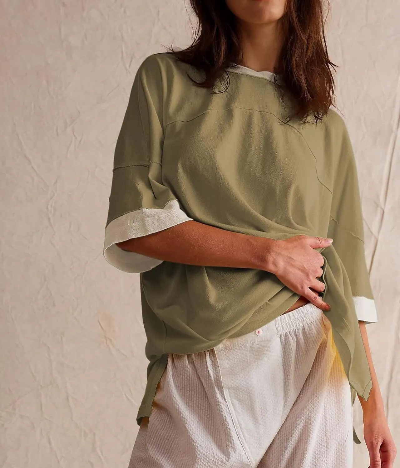Women Color Block Oversized Shirt Casual Crewneck Drop Shoulder Tops Y2k Half Sleeve Side Split Summer Tees