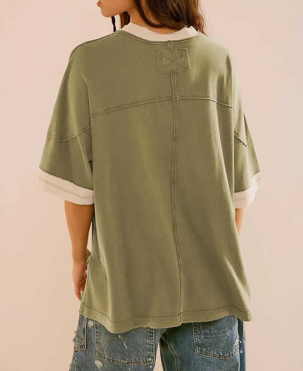 Women Color Block Oversized Shirt Casual Crewneck Drop Shoulder Tops Y2k Half Sleeve Side Split Summer Tees