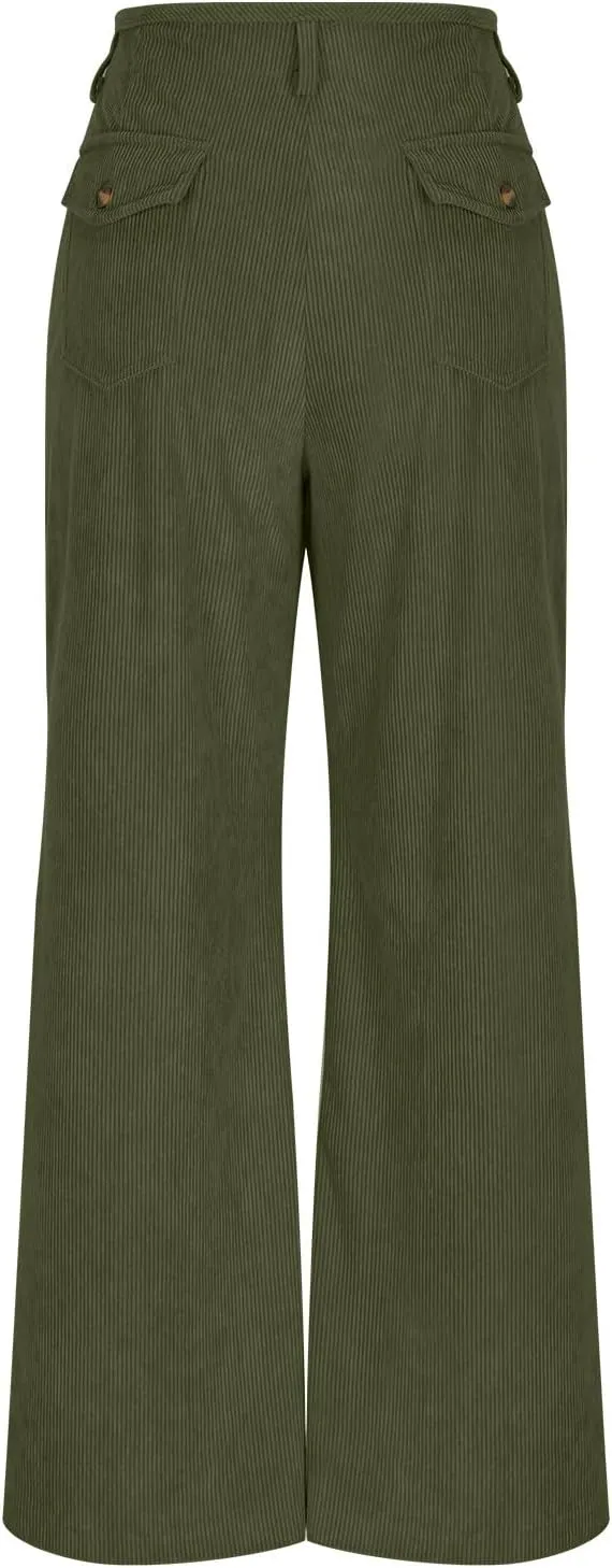 Women Corduroy Wide Leg Pants Dressy Button Fly Business Work Pant High Waist Casual Loose Fit Trousers with Pockets