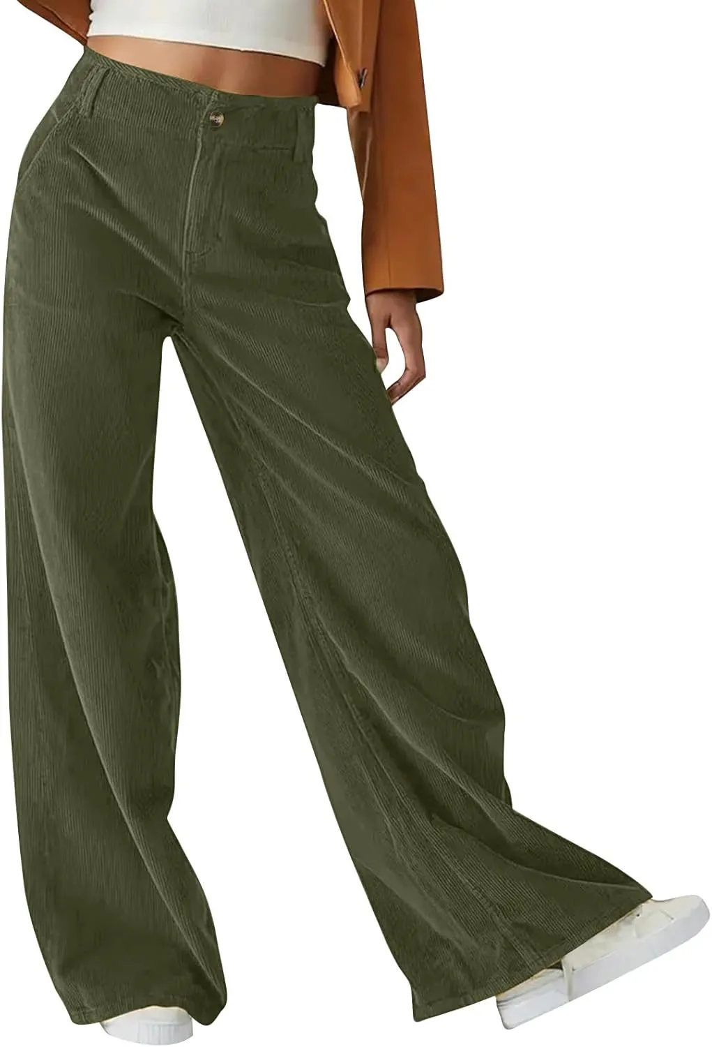 Women Corduroy Wide Leg Pants Dressy Button Fly Business Work Pant High Waist Casual Loose Fit Trousers with Pockets