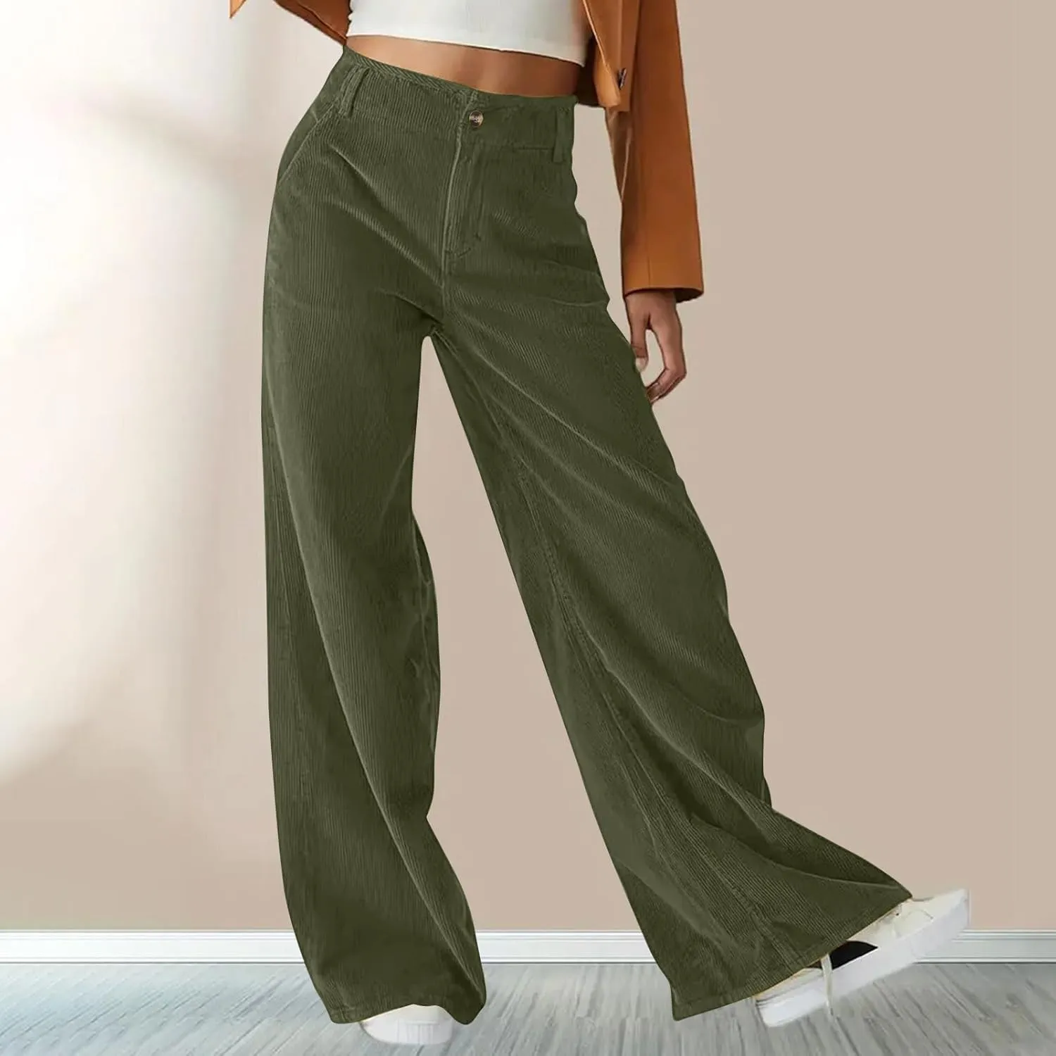 Women Corduroy Wide Leg Pants Dressy Button Fly Business Work Pant High Waist Casual Loose Fit Trousers with Pockets