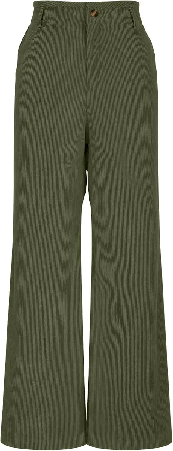 Women Corduroy Wide Leg Pants Dressy Button Fly Business Work Pant High Waist Casual Loose Fit Trousers with Pockets