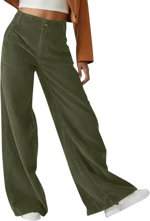 Women Corduroy Wide Leg Pants Dressy Button Fly Business Work Pant High Waist Casual Loose Fit Trousers with Pockets