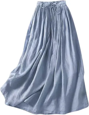 Women Cotton Linen Skirt Summer Drawstring Waist Plain Long Maxi Retro Casual Layered Pleated Flowy Swing Long Skirt