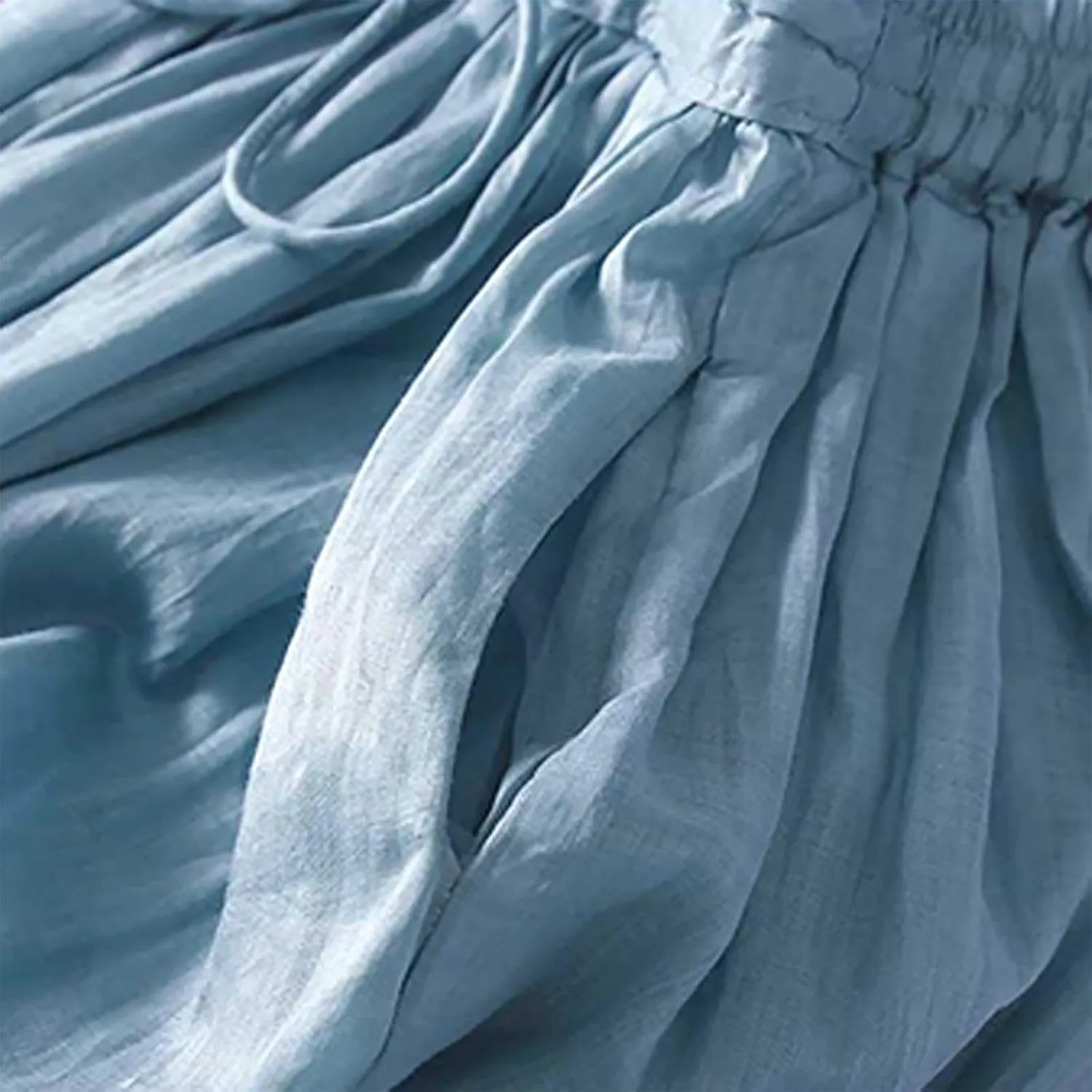 Women Cotton Linen Skirt Summer Drawstring Waist Plain Long Maxi Retro Casual Layered Pleated Flowy Swing Long Skirt