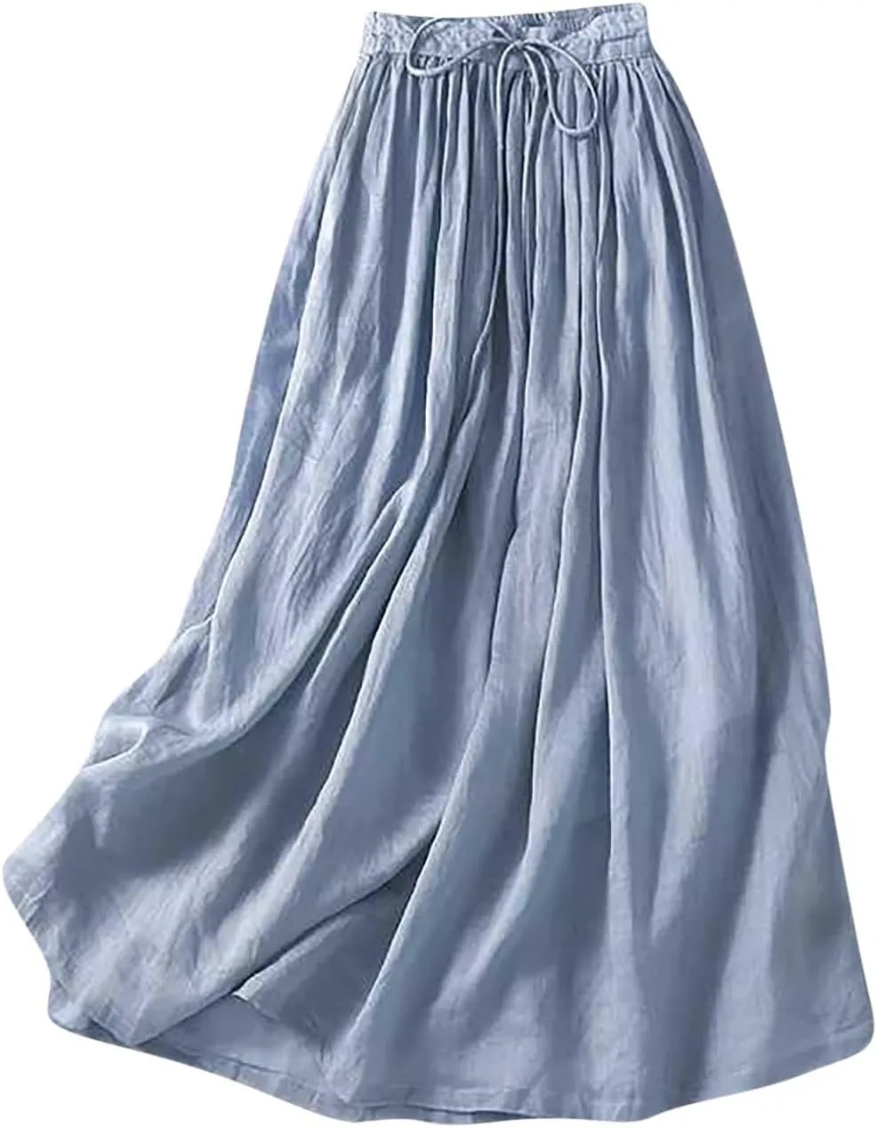 Women Cotton Linen Skirt Summer Drawstring Waist Plain Long Maxi Retro Casual Layered Pleated Flowy Swing Long Skirt