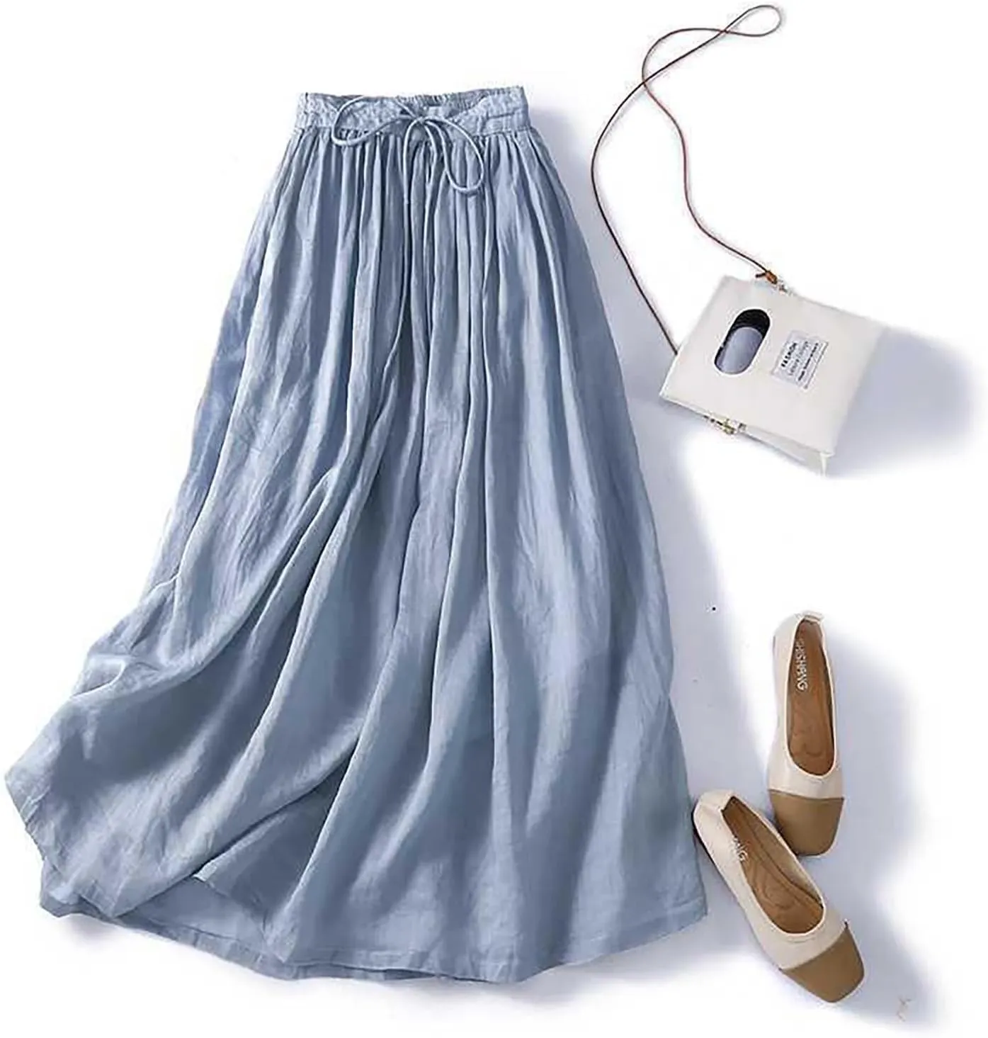 Women Cotton Linen Skirt Summer Drawstring Waist Plain Long Maxi Retro Casual Layered Pleated Flowy Swing Long Skirt