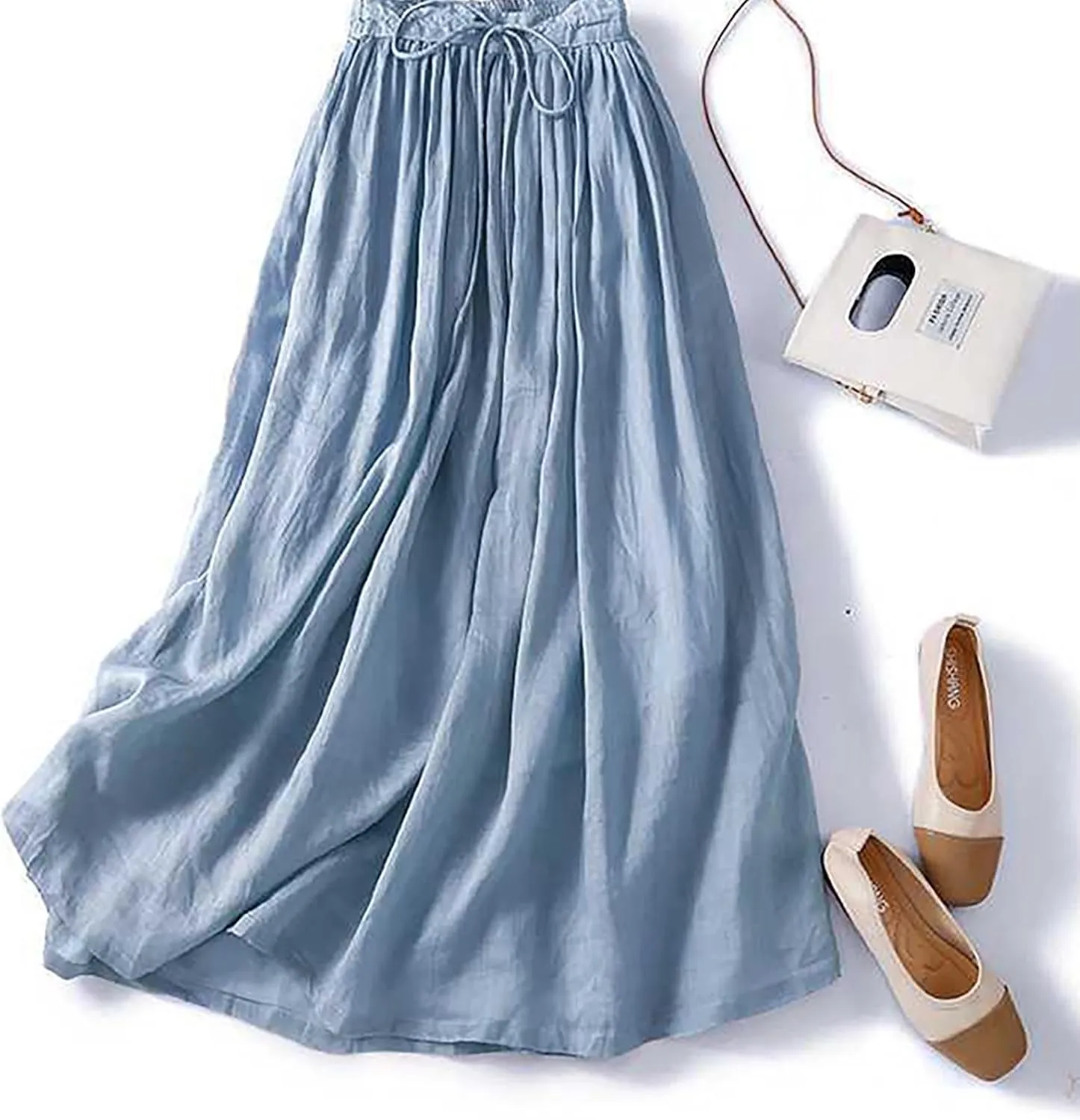 Women Cotton Linen Skirt Summer Drawstring Waist Plain Long Maxi Retro Casual Layered Pleated Flowy Swing Long Skirt