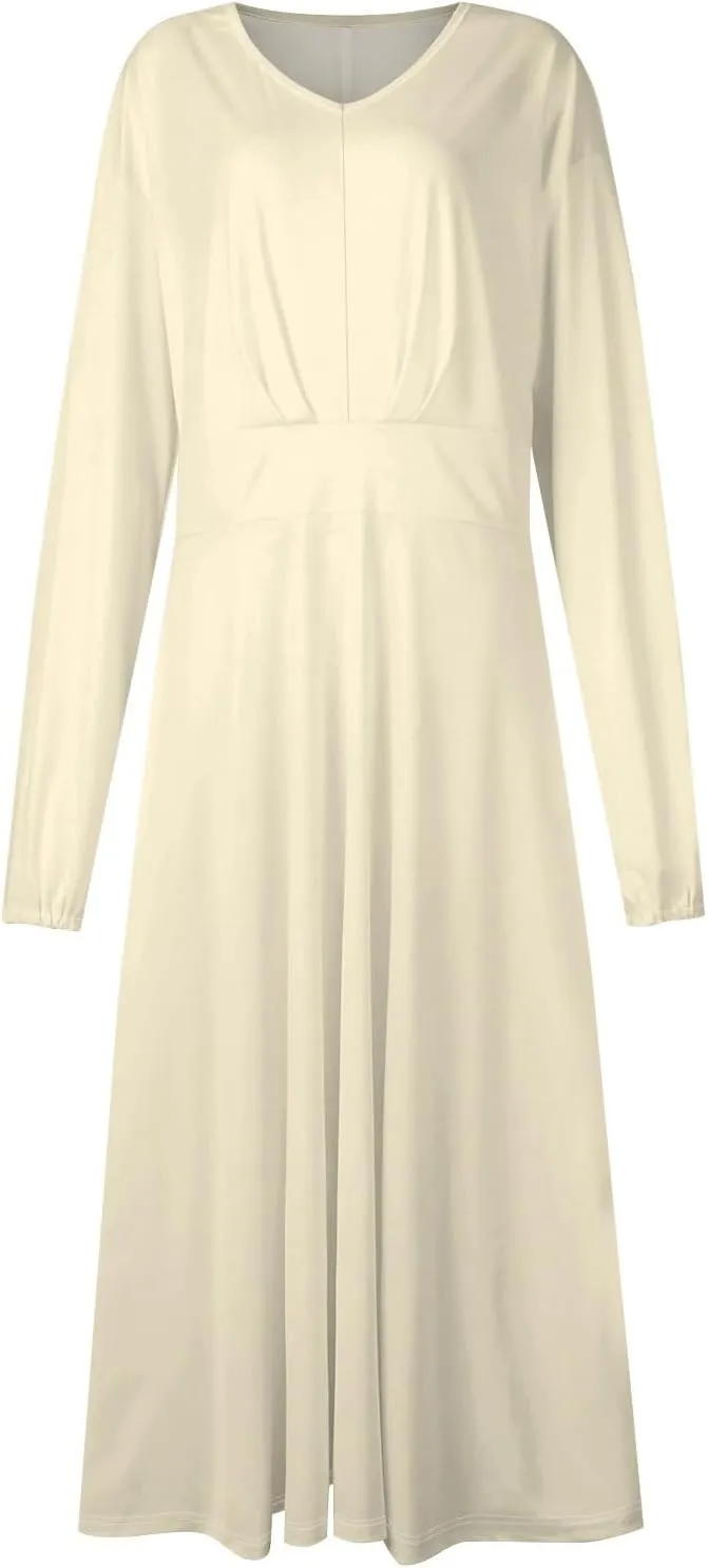 Women Dresses, Solid Boho Dress Long Sleeve Wrap V Neck Ruffle Belted A-Line Flowy Maxi Dresses