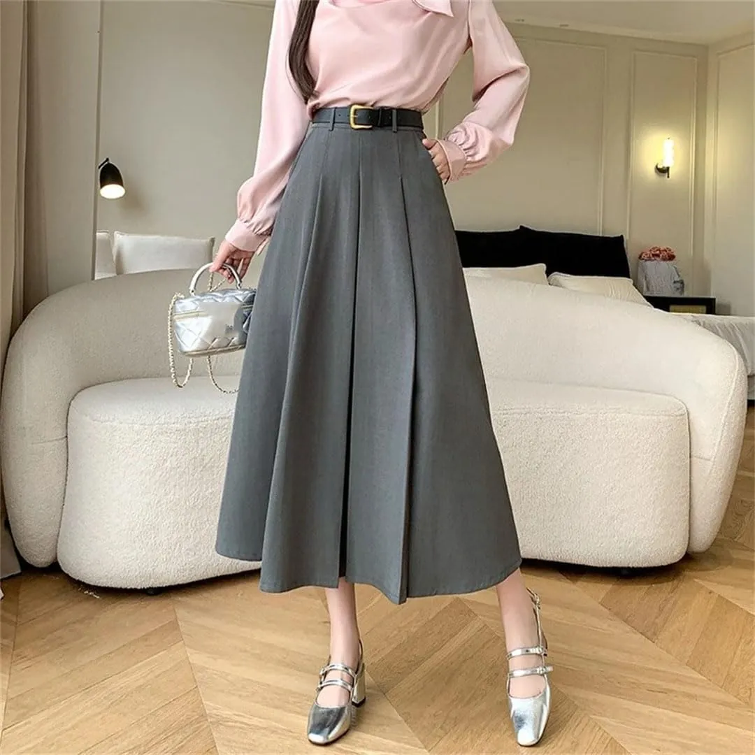Women Elegant Folds Loose High Waist Solid Casual A-Line Skirts