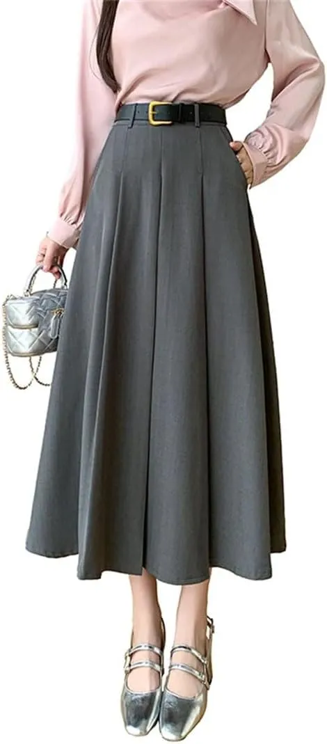 Women Elegant Folds Loose High Waist Solid Casual A-Line Skirts