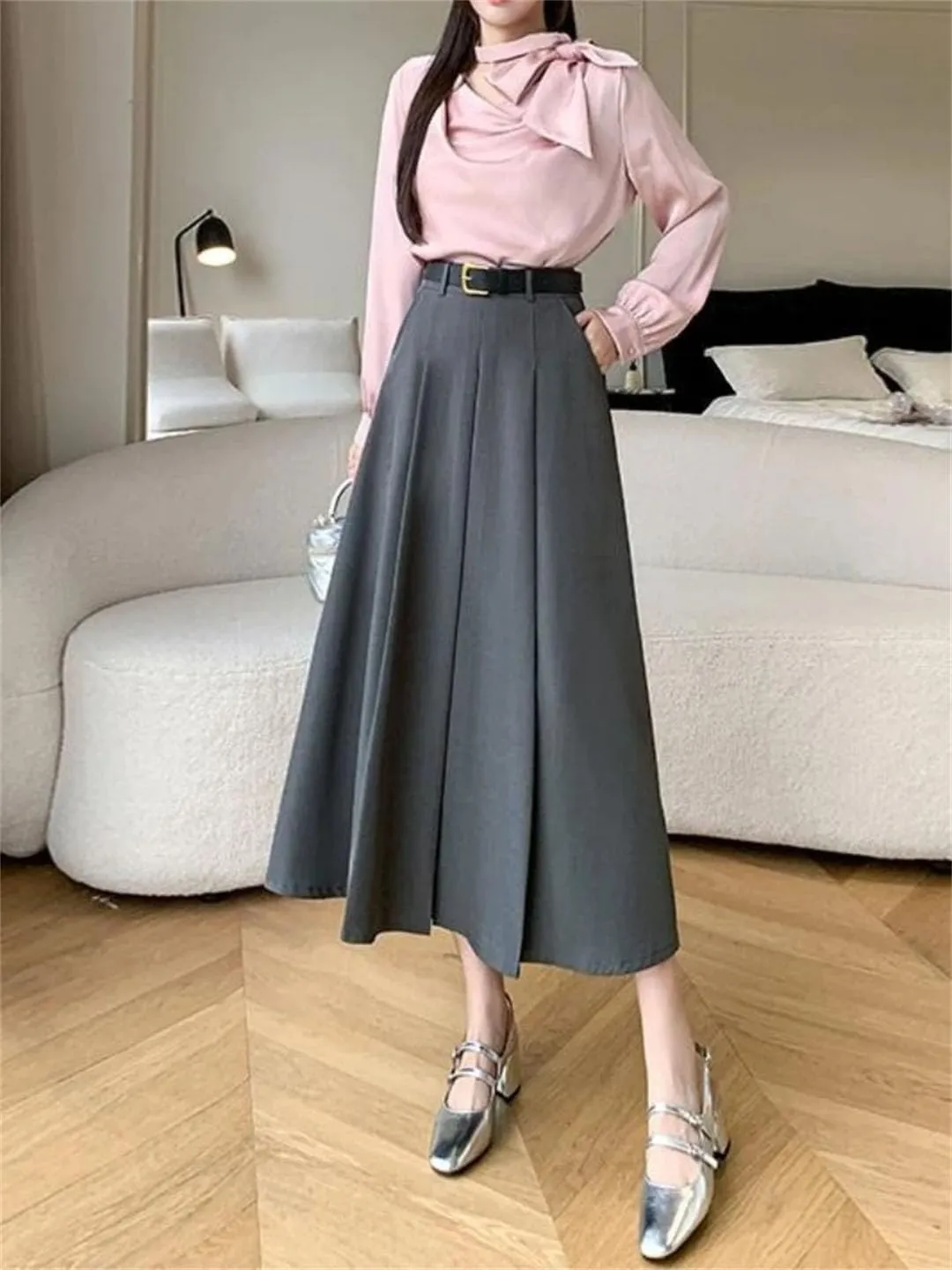 Women Elegant Folds Loose High Waist Solid Casual A-Line Skirts