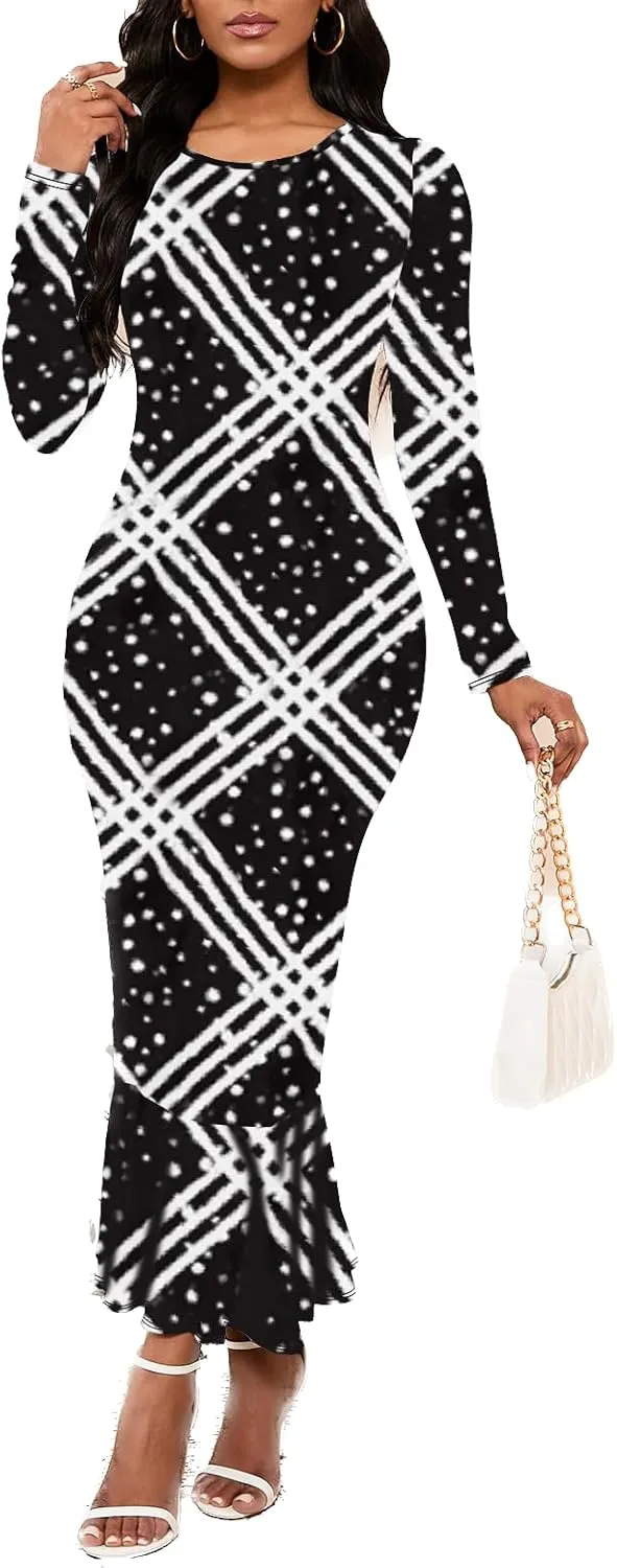 Women Fishtail Long Sleeve Dresses Casual Maxi Printed Business Bodycon Dress