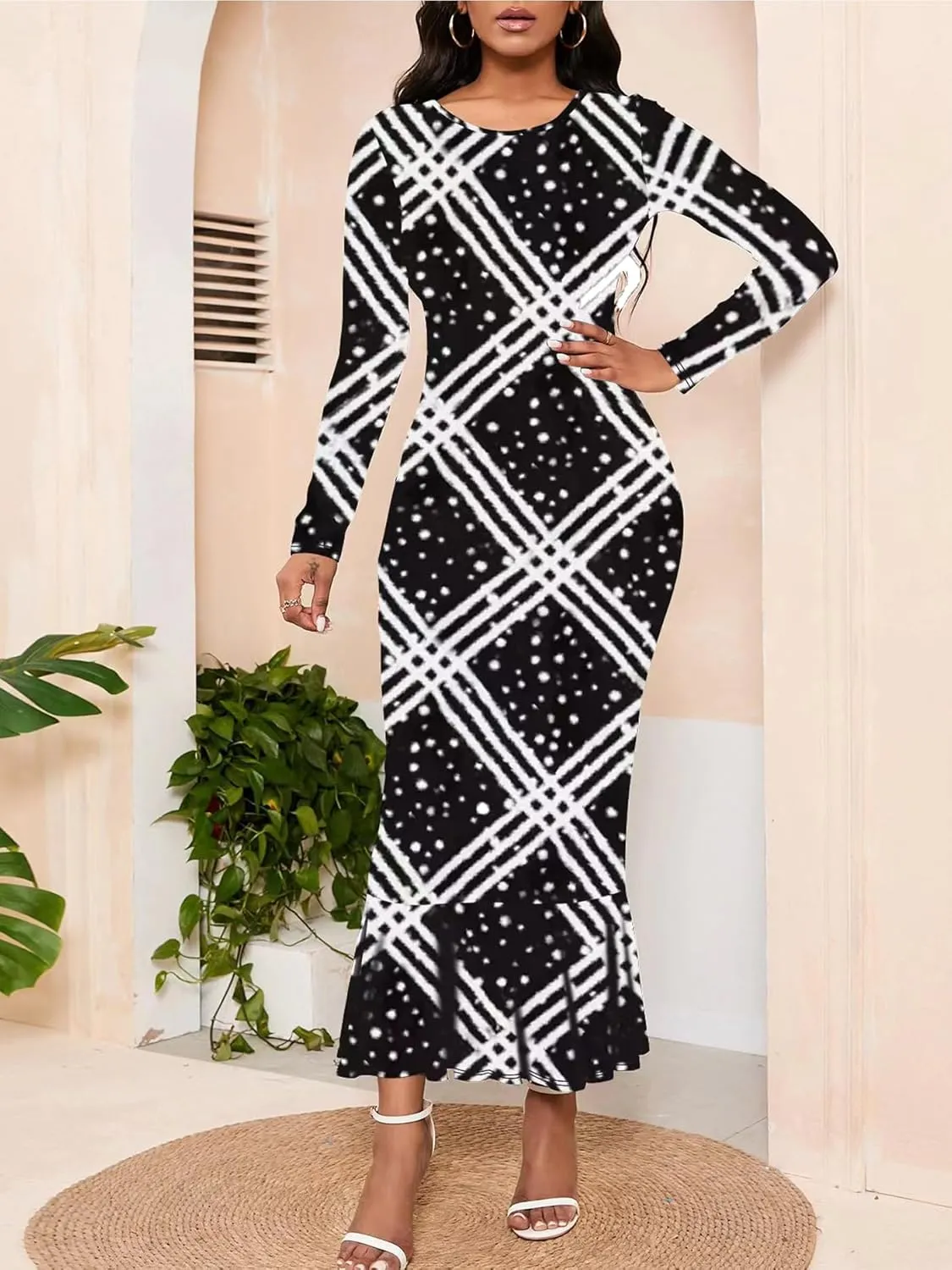 Women Fishtail Long Sleeve Dresses Casual Maxi Printed Business Bodycon Dress