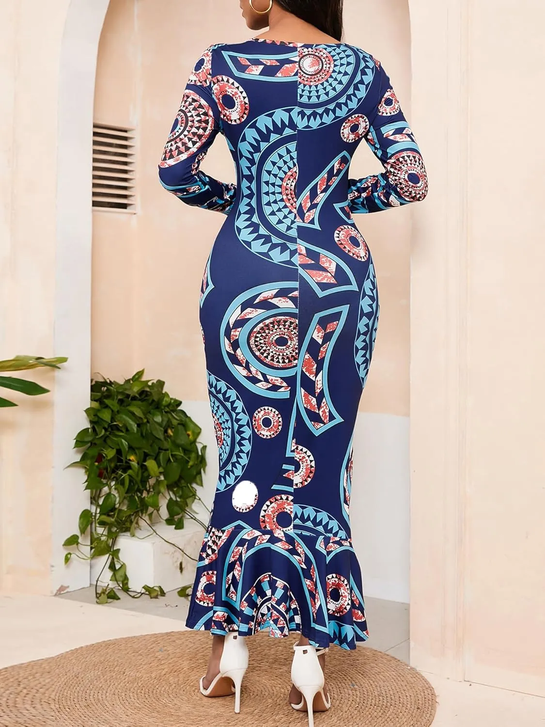 Women Fishtail Long Sleeve Dresses Casual Maxi Printed Business Bodycon Dress