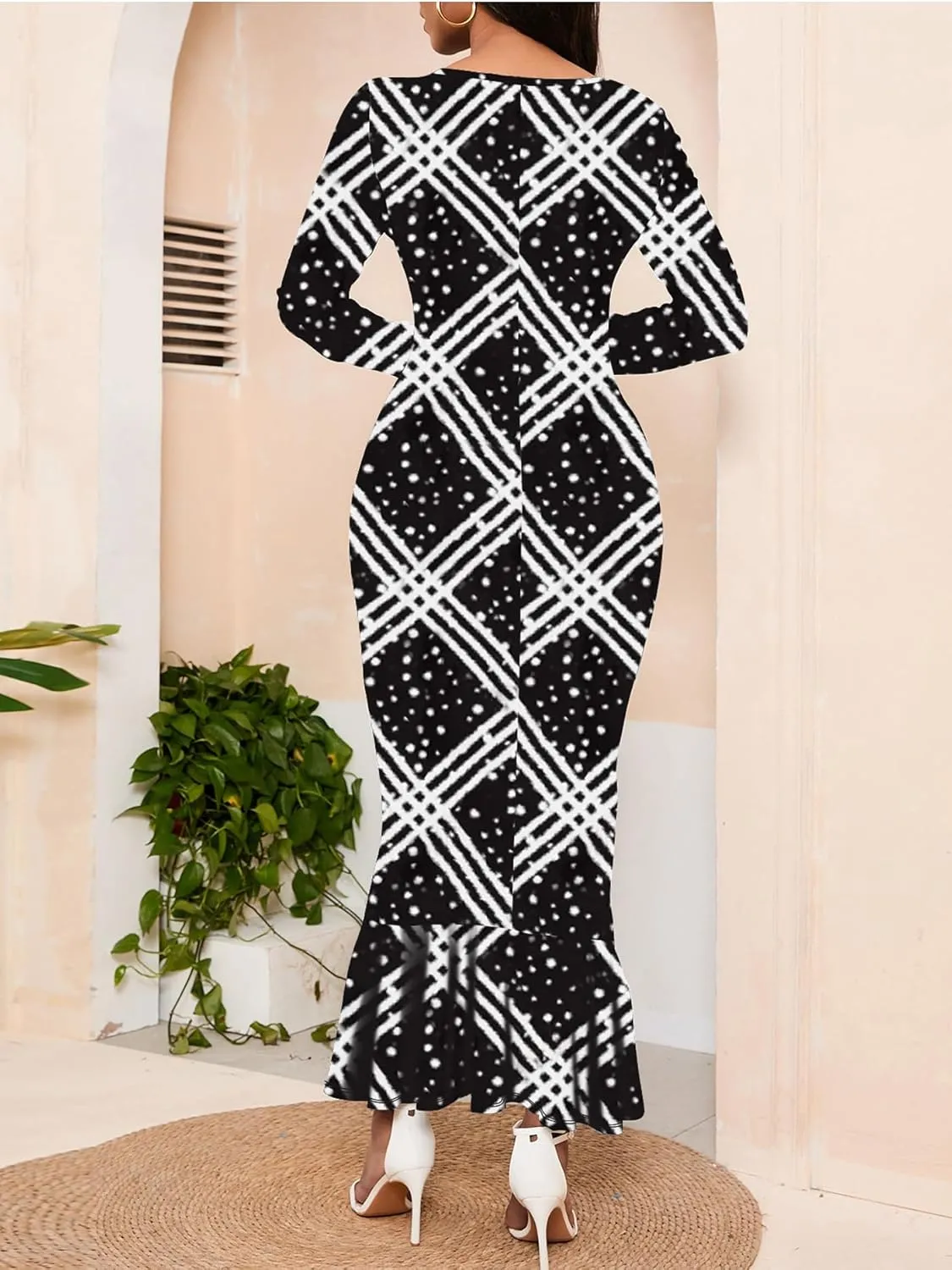 Women Fishtail Long Sleeve Dresses Casual Maxi Printed Business Bodycon Dress