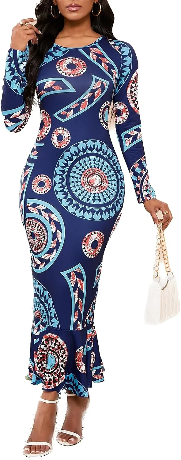 Women Fishtail Long Sleeve Dresses Casual Maxi Printed Business Bodycon Dress