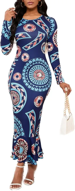 Women Fishtail Long Sleeve Dresses Casual Maxi Printed Business Bodycon Dress