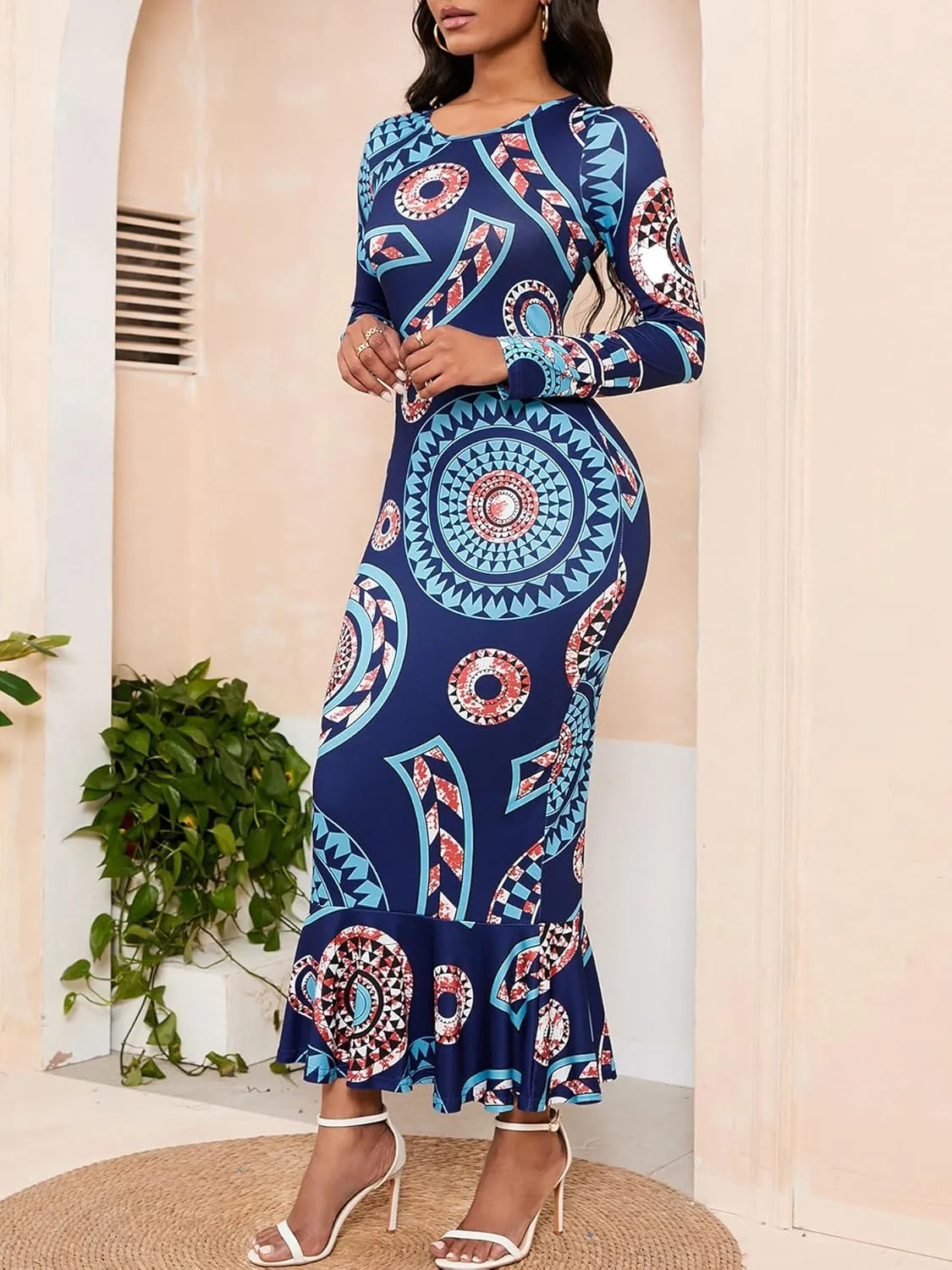 Women Fishtail Long Sleeve Dresses Casual Maxi Printed Business Bodycon Dress