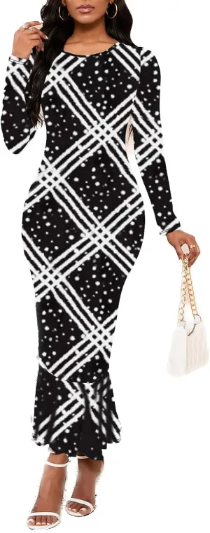 Women Fishtail Long Sleeve Dresses Casual Maxi Printed Business Bodycon Dress