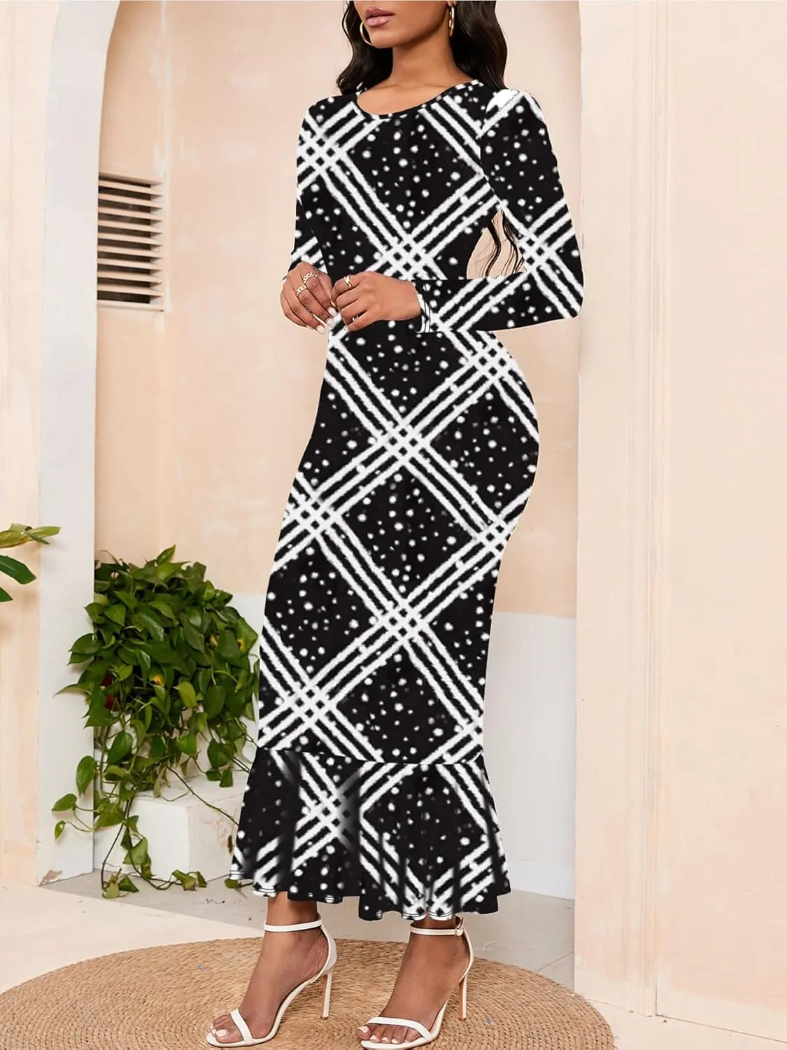 Women Fishtail Long Sleeve Dresses Casual Maxi Printed Business Bodycon Dress