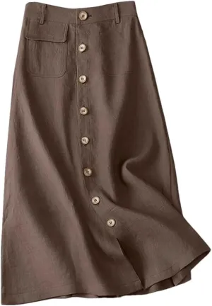 Women High Waist Cotton Midi Skirts Casual Button Up A-Line Skirts